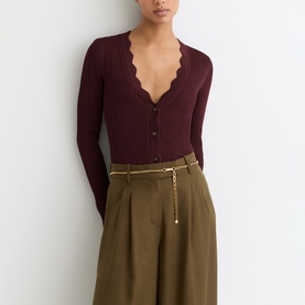 Vinny Rib-Knit Scallop-Trim Cardigan