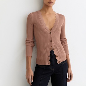 Vinny Rib-Knit Scallop-Trim Cardigan