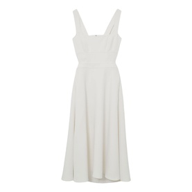 Reiss white sleeveless midi dress with sweetheart neckline, fitted bodice, side cutouts, and flared skirt