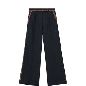 Reiss Mila Wave Trim Linen Wide-Leg Trousers in blue with contrast ric-rac trim on waistband and side seams, front pintucks, wide-leg silhouette