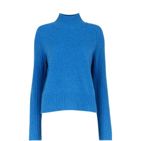 Whistles Rib Knit Sweater in blue wool with funnel neck and ribbed sleeves and hem