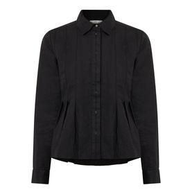 InWear Dilana Pleated Linen Shirt in black with point collar, concealed button placket, front pleats, and flared hem