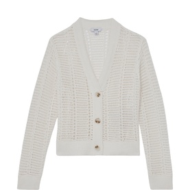 Reiss Star Open Stitch Knitted Cardigan in white, featuring open-knit design, V-neckline, horn-effect buttons and ribbed trims