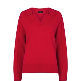 Whistles Knit Polo Sweater in red, 100% wool with open collar neckline, ribbed trims and long sleeves