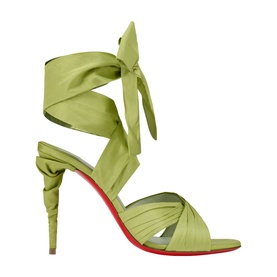 Christian Louboutin Affabula 100 Lace-Up Heeled Sandals in green silk with ankle-wrap ties, sculptural heel, and red sole