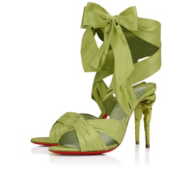 Christian Louboutin Affabula 100 Lace-Up Heeled Sandals in green silk with wrap-around bow ties, stiletto heel, and red sole