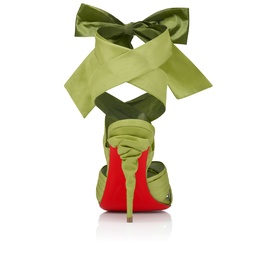 Christian Louboutin Affabula 100 Lace-Up Heeled Sandals in green silk with wraparound ribbon bow and signature red sole
