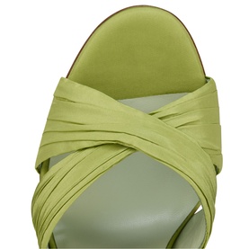 Christian Louboutin Affabula 100 Lace-Up Heeled Sandals in green silk, featuring cross-wrap straps, viewed from above