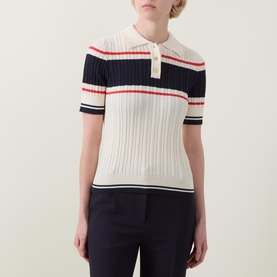 Contrast Stripe Cable Knit Polo Sweater