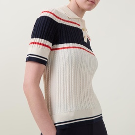 Contrast Stripe Cable Knit Polo Sweater