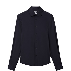Reiss Voyager Travel Shirt in navy blue, point collar, French button placket, long sleeves, slim fit