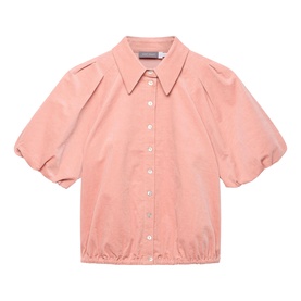 Mint Velvet Cord Puff Shirt in pink, corduroy fabric, classic collar, puff short sleeves, button fastening, elasticated hemline