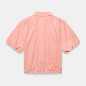 Mint Velvet Cord Puff Shirt in pink, rear view showing corduroy fabric, classic collar, short puff sleeves and elasticated hemline