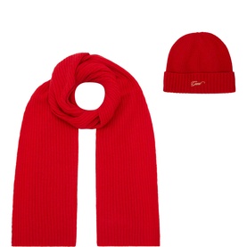 Two-Piece Logo Ribbed Knit Beanie Hat & Scarf Gift Set