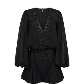 House of CB Gianna Beaded Georgette Mini Dress in black with deep V-neck, balloon sleeves, pleated godet skirt and hand-beaded detail