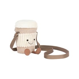 Jellycat Amuseables Perkle Coffee Shoulder Bag, cream and beige plush coffee cup character with smiley face and tan adjustable crossbody strap