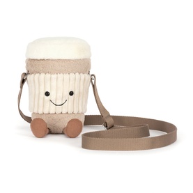 Jellycat Amuseables Perkle Coffee Shoulder Bag, cream and beige plush coffee cup character with smiley face and adjustable taupe crossbody strap