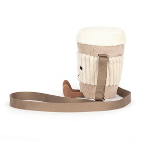 Jellycat Amuseables Perkle Coffee Shoulder Bag, cream and tan plush coffee cup design with ribbed sleeve and long adjustable strap