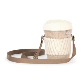 Jellycat Amuseables Perkle Coffee Shoulder Bag, cream and beige plush crossbody shaped like a coffee cup with taupe woven strap