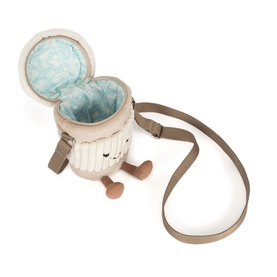 Jellycat Amuseables Perkle Coffee Cup Shoulder Bag, cream ribbed plush with open lid, blue floral lining and tan adjustable crossbody strap