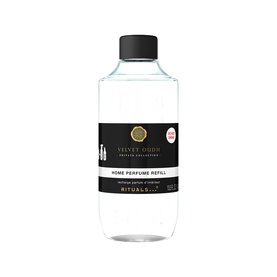 Rituals Velvet Oudh Refill Home Perfume, clear bottle with black cap and label, diffuser refill liquid