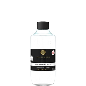 Rituals Velvet Oudh Refill Home Perfume, clear bottle with black cap and label, diffuser refill liquid