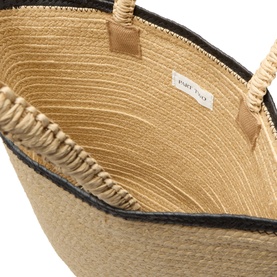 Part Two Biggie Woven Tote Bag in Natural, interior view showing woven paper structure, black contrast trim, and top carry handles