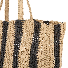 Part Two Giorgia Stripe Tote Bag in natural and black woven paper, open top with short carry handles, close-up showing stripe detail