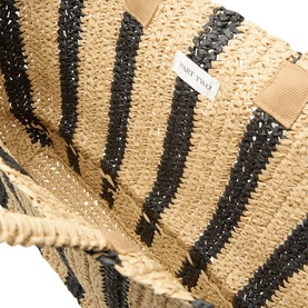Part Two Giorgia Stripe Tote Bag in natural and black stripe woven paper, showing close-up of woven texture and stripe detail with brand label.