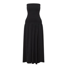 Part Two Balina Flared Dress in black; strapless, fitted bodice with pleated flared midi skirt