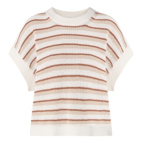 Part Two Belisia Striped Sweater in beige with rust stripes, crew neck, dropped shoulders, short sleeves and ribbed trims