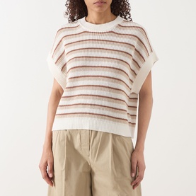 Model wearing Part Two Belisia Striped Sweater in beige, crew neck, short sleeves, paired with wide-leg trousers