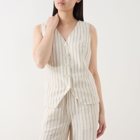 Model wearing Part Two cream stripe linen-viscose waistcoat with V-neck and button front, styled with matching stripe trousers.