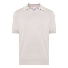 B Cucinelli Fine Knit Polo Shirt in Juta, flat open collar, short sleeves, ribbed trims, fine cotton knit structure