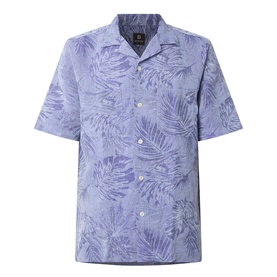 Boggi Milano Jacquard Print Shirt in navy blue, camp collar, short sleeves, tonal palm leaf jacquard pattern, front button fastening