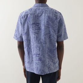 Model wearing Boggi Milano Jacquard Print Shirt in navy blue, showing back view with tonal palm leaf jacquard pattern and short sleeves