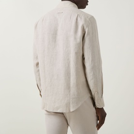 Model wearing Boggi Milano Linen Casual Shirt in sand, rear view showing long sleeves, button fastenings and curved hemline.