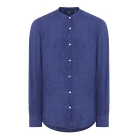 Boggi Milano navy blue linen casual shirt with mandarin collar, long sleeves, and button-front placket