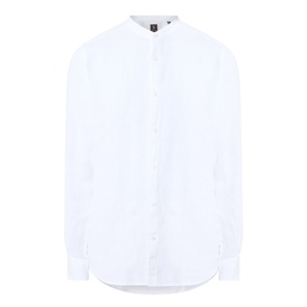 Boggi Milano white linen casual shirt with mandarin collar and long sleeves, relaxed fit with curved hem