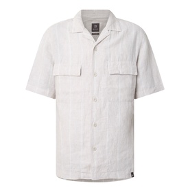 Boggi Milano sand linen casual shirt, short sleeves, camp collar, dual chest patch pockets, subtle textured stripe pattern