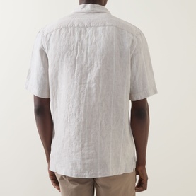 Model wearing Boggi Milano sand linen casual shirt, short sleeves, rear view showing relaxed fit and textured fabric