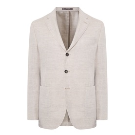 Boggi Milano Herringbone Single-Breasted Blazer in sand, notched lapels, two-button fastening, patch pockets, linen-wool blend