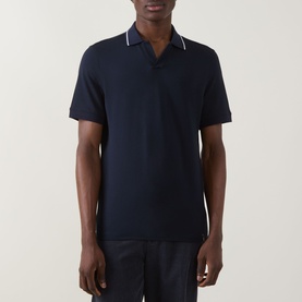 Model wearing Boggi Milano S-Caf&eacute;&reg; Logo Piqu&eacute; Polo Shirt in navy with white tipped collar and V-neckline, paired with dark trousers.