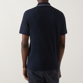 Model wearing Boggi Milano S-Caf&eacute;&reg; Logo Piqu&eacute; Polo Shirt in navy, back view, with white tipped collar detail and short sleeves.