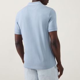 Model wearing Boggi Milano S-Caf&eacute;&reg; Logo Piqu&eacute; Polo Shirt in light blue, rear view showing tipped collar detail and short sleeves.