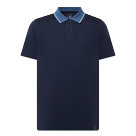 Boggi Milano navy blue polo shirt with contrast light blue ribbed collar and three-button placket, short sleeves