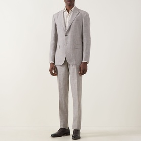 Model wearing Boggi Milano Micro Patterned Two-Piece Suit in brown linen-wool blend, single-breasted jacket, styled with white shirt and dark brown