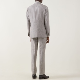 Model wearing Boggi Milano Micro Patterned Two-Piece Suit in brown linen-wool blend, back view, styled with black leather shoes.
