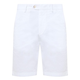 Boggi Milano white cotton-elastane chino shorts with gold button waistband detail and slim leg opening, laid flat.