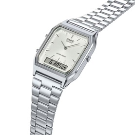 Casio AQ-230A-7AMQYES Watch in silver, stainless steel bracelet strap, square dual analogue-digital dial with white face